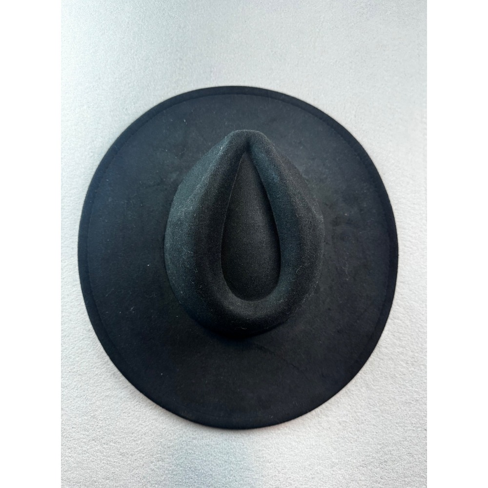 Black Wide Brim Fedora Hat Flat Stiff Brim Teardrop Crown Polyester Felt